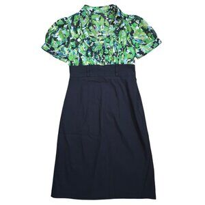 Bisou Bisou Size 8 Green Floral Sheath Dress Ruffle V Neck Work Midi.